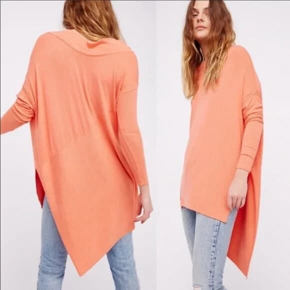 NWT Free People Grapevine Rip Knit Hi Low Top Cowl Neck Long Sleeve Coral XS $68