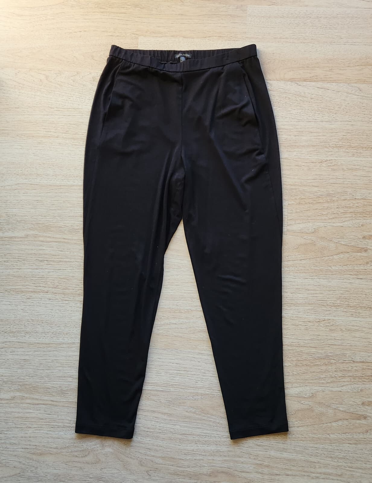 EILEEN FISHER Knit Slim Leg Ankle Pants Elastic Waist Pull-On Pocket Black Sz.M