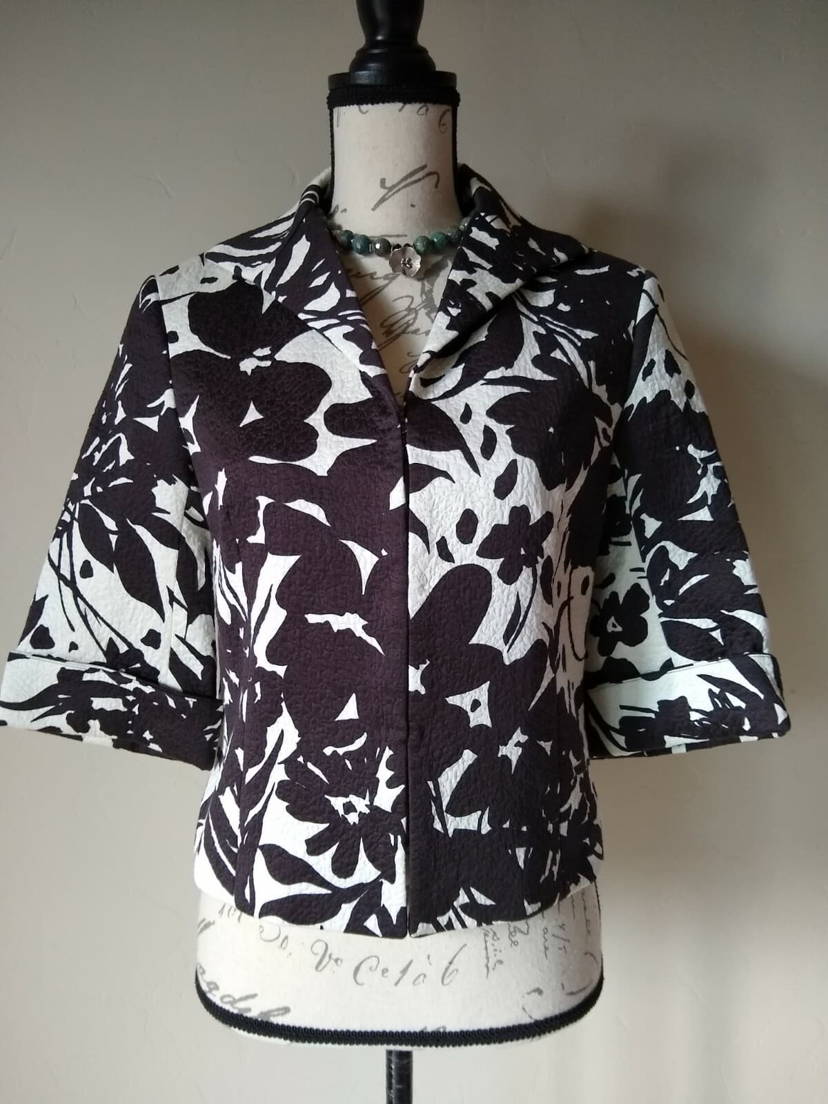 LAFAYETT 148 NY Cotton Jacket Blazer 3/4Sleeve Hook Floral Lined Brown Cream 2