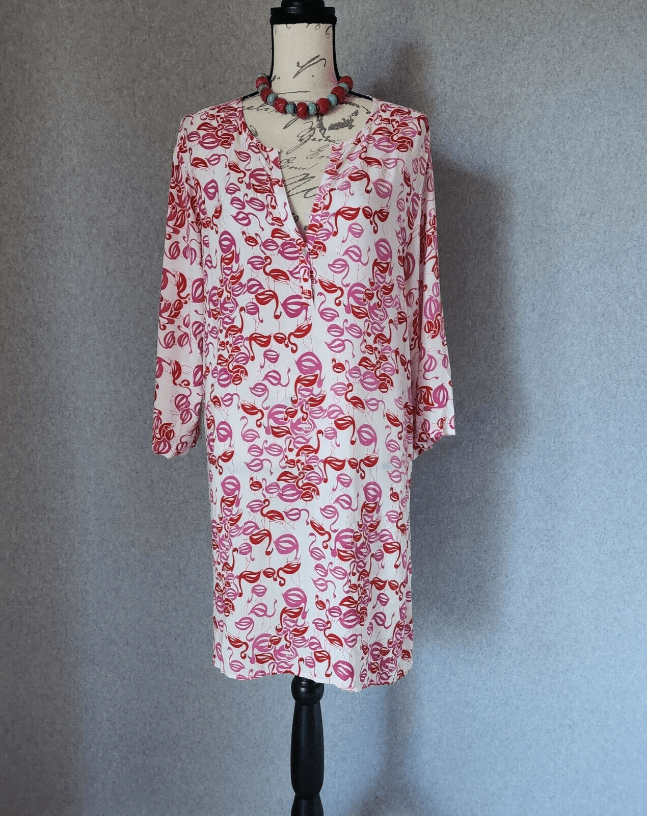 Josie Natori Flamingo Popover Sleepshirt 3/4 Roll Tap Sleeve Rayon Pink Women XL