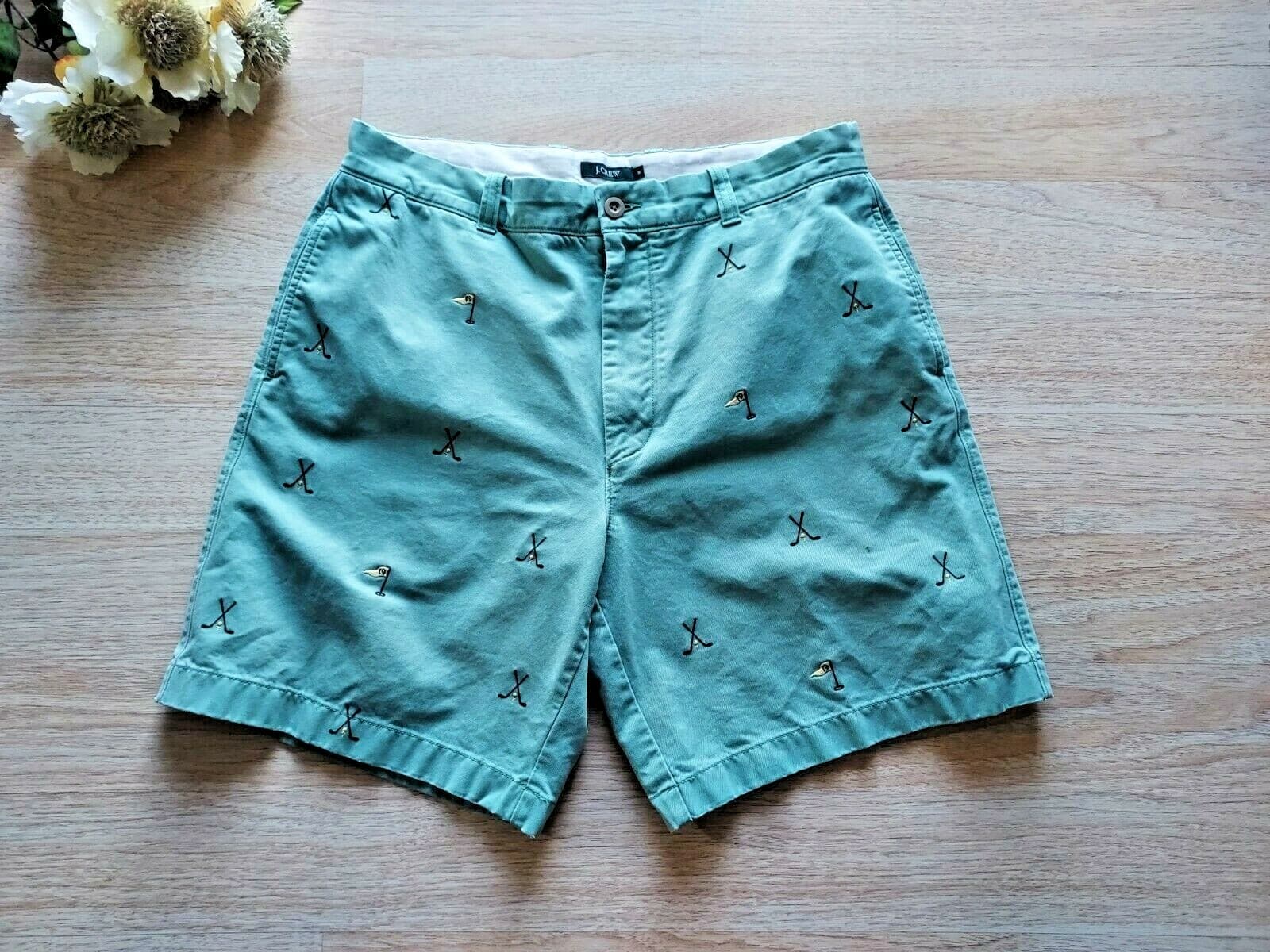 J.Crew Golf-Embroidered Broken-In Chino Shorts Pocket Zip Green Cotton Men 36