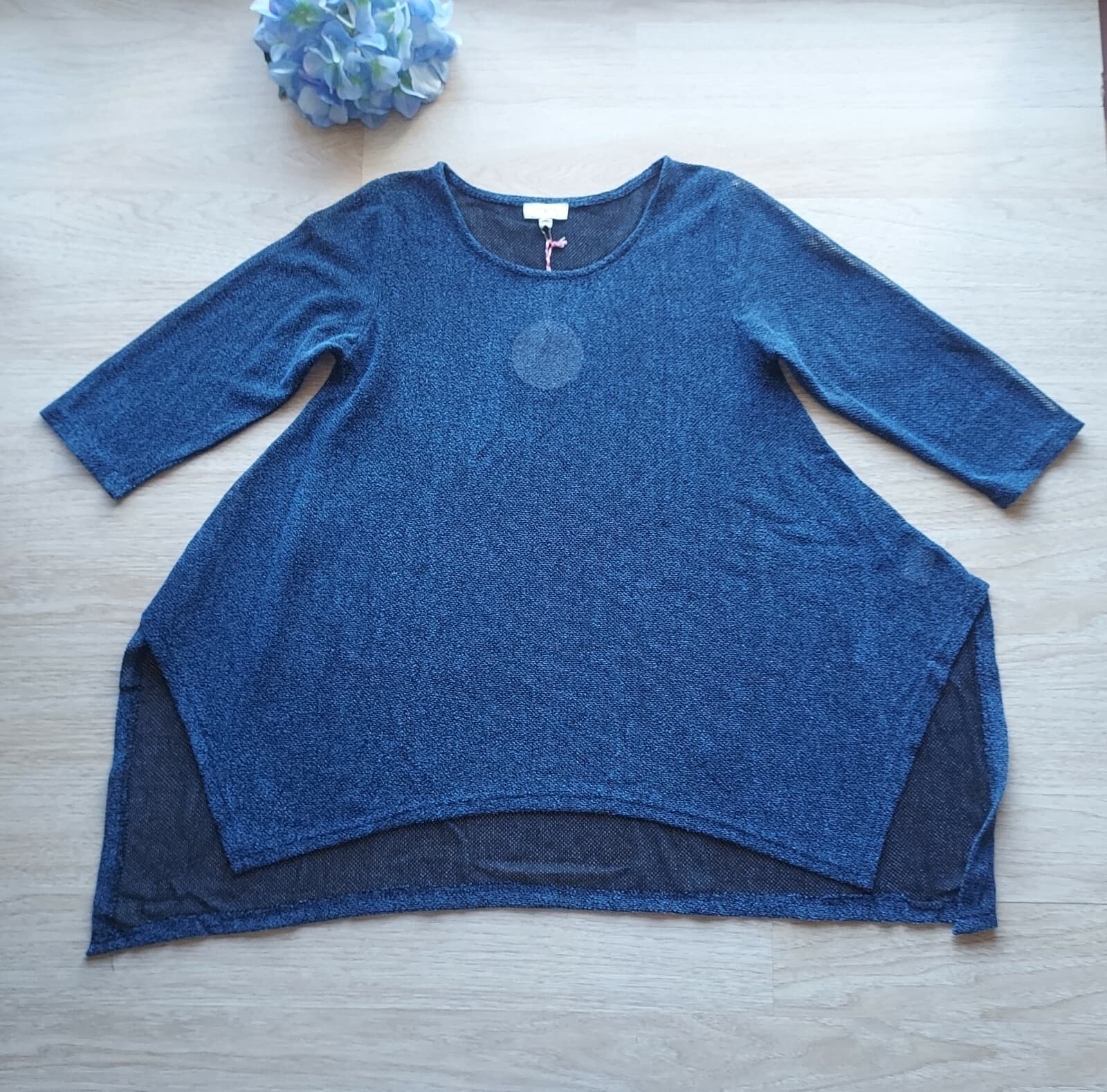 NWT Umgee Knit-Mesh Tunic Top Hi-Lo Long Sleeve Navy Blue Cotton Blend Women M