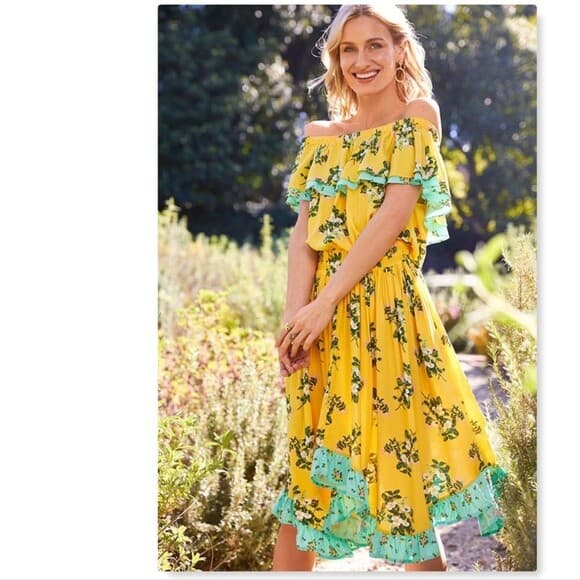 NWT Matilda Jane Hook On A Feeling Dress Rayon Off-Shoulder Floral Yellow Small