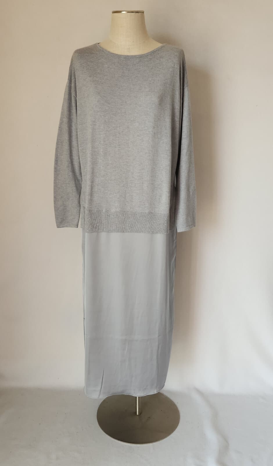 NWT J.Jill Wearever Collection Maxi Sweater Dress Mix Media Knit Satin Grey Sz.M