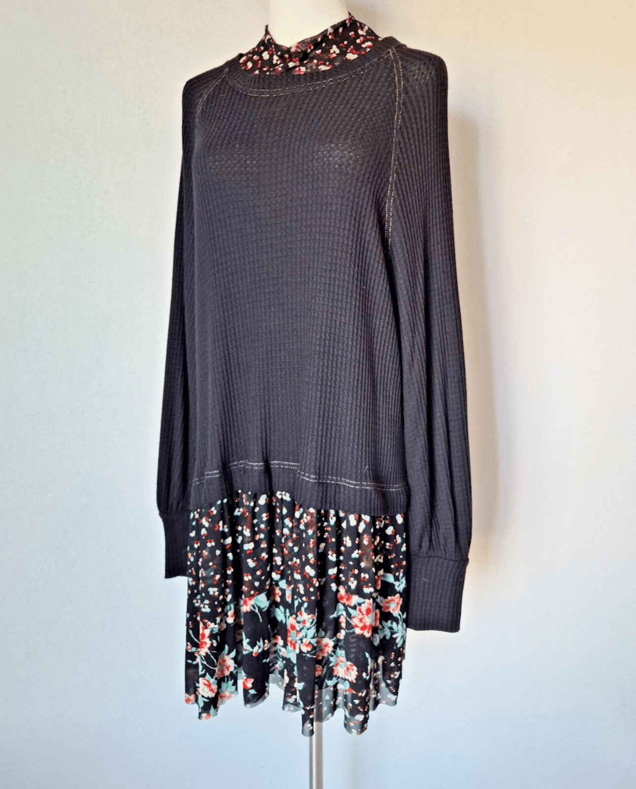 Free People Opposites Attract Mini Dress Long Sleeve Floral Mesh-Hem Black Sz.L