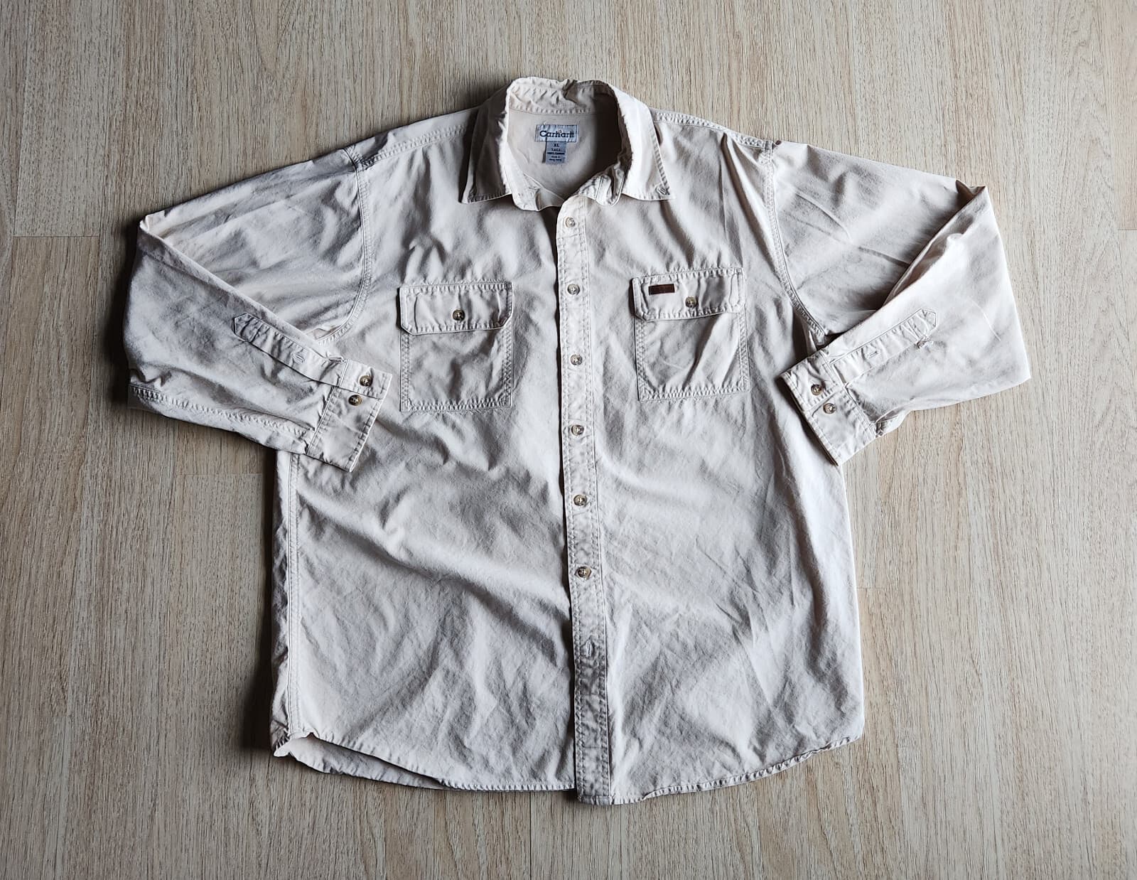 Vintage Charhartt 100% Cotton Button-Down Shirt Long Sleeve Beige Men's XL-Tall