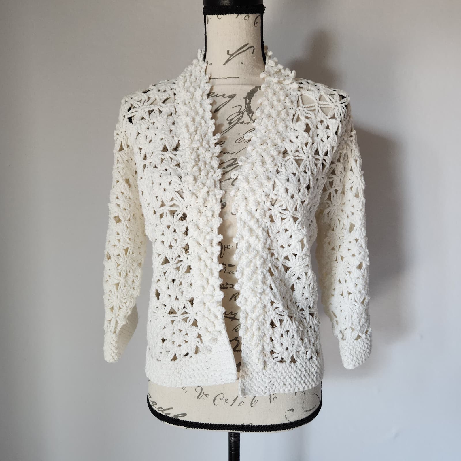 HAIKU Crochet Open Front Cardigan 3/4 Sleeve 100% Cotton White Women Sz.M