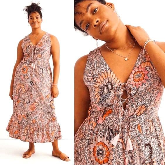 Madewell Floral Lace-Up Midi Dress Ruffle-Hem Sleeveless Bali Blooms Pink Sz.20