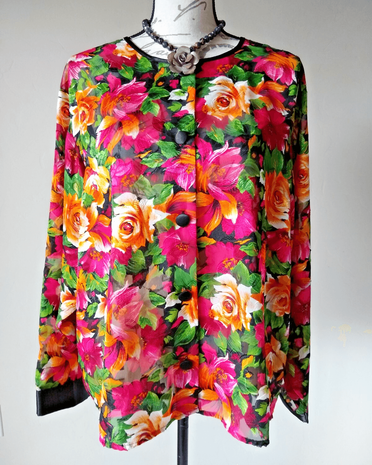 Vintage VICTORIA'S SECRET Floral Satin Top Blouse Button Long Sleeves Women L