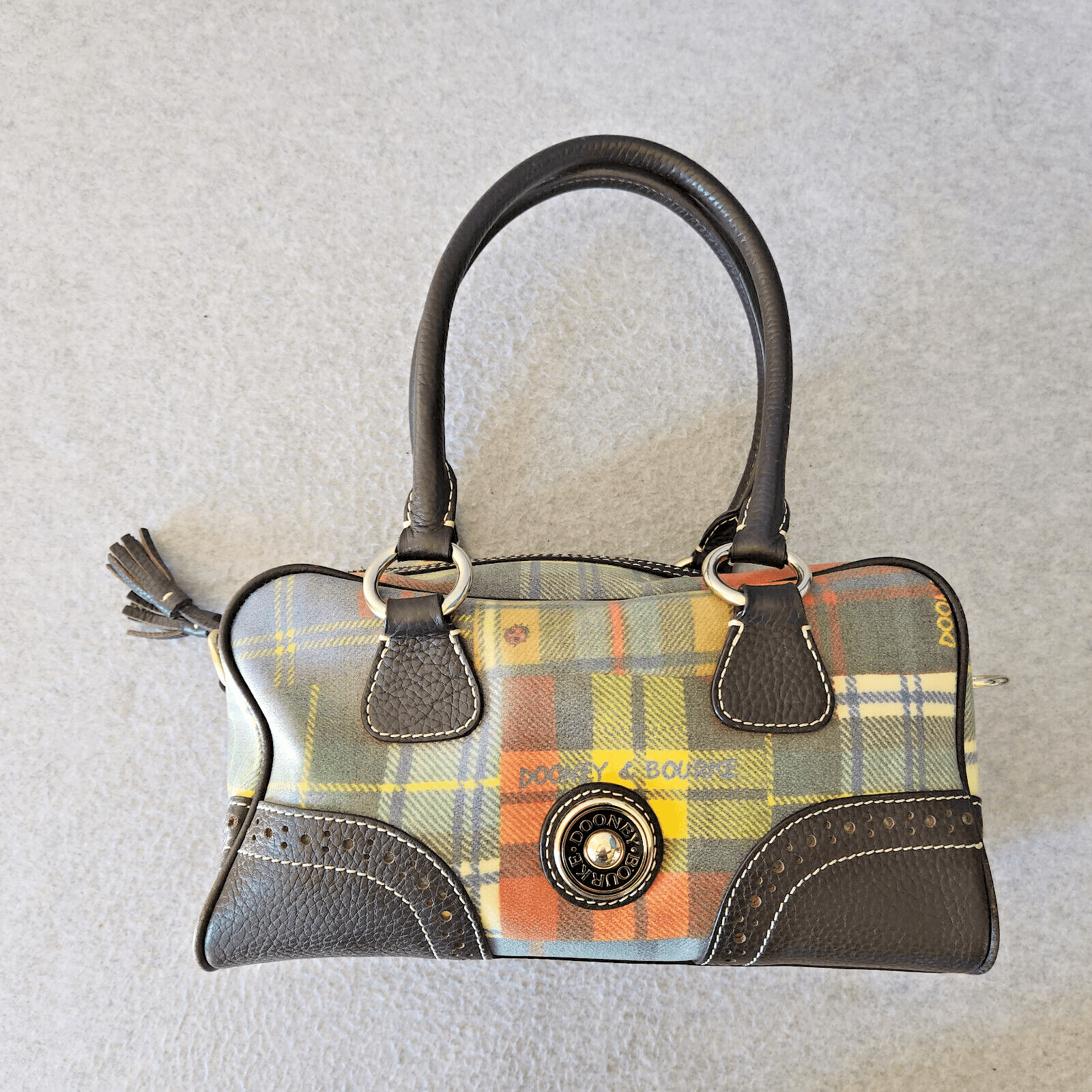 Dooney & Bourke Ladybug Multicolor Plaid Madras Black Leather Tassel Satchel Bag