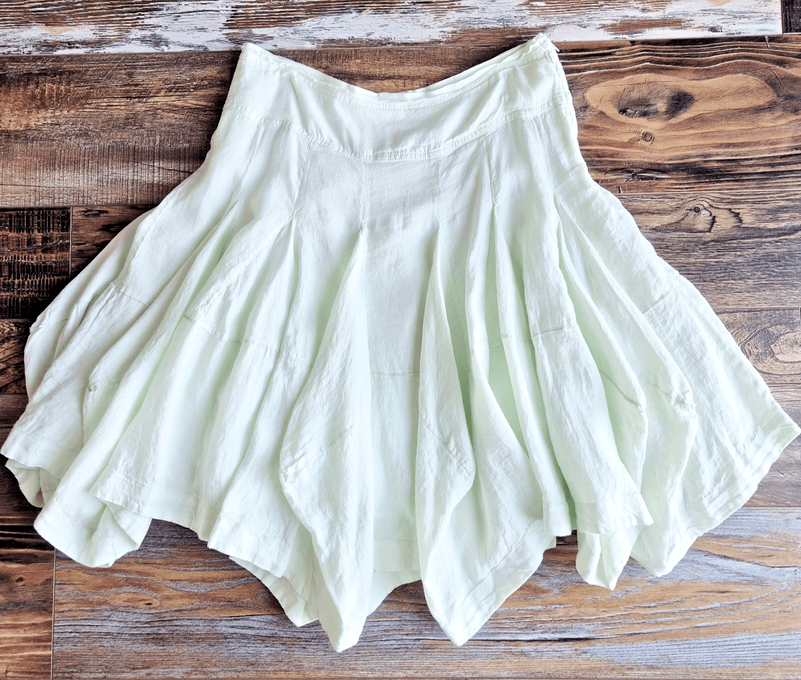 By Anthropologie 100% Linen Godet A-Line Skirt Zip Lined Light Green Women's L
