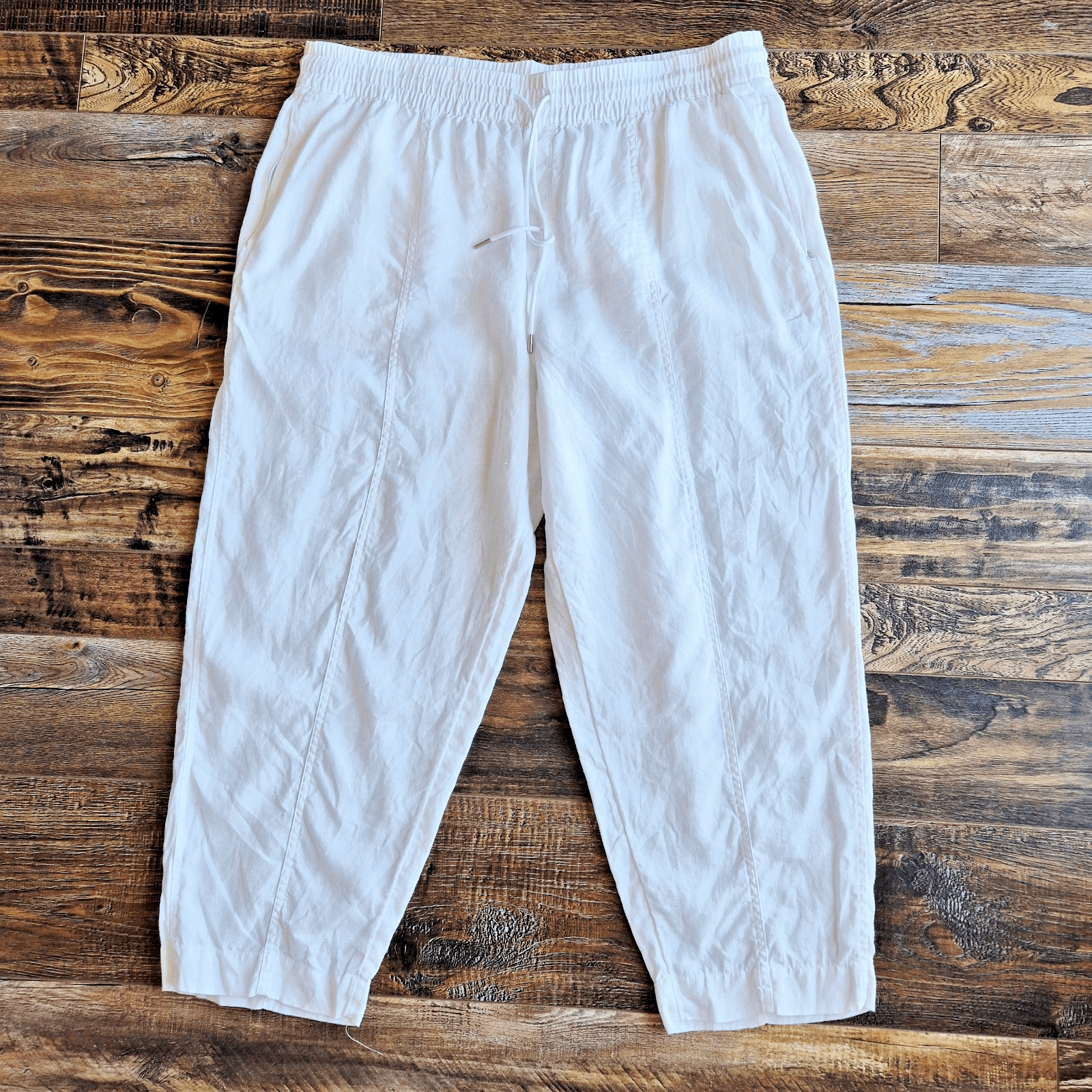 Athleta Retreat High Rise Linen Ankle Pants Elastic Waist Zip-Pocket White Sz.1X