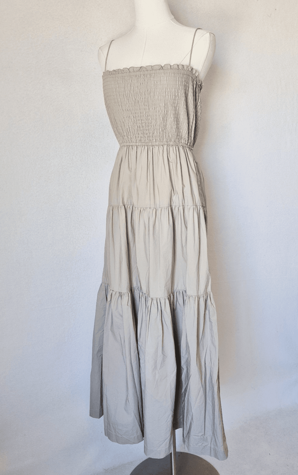 L'Academie The Nour Spaghetti Strap Smocked Tiered Maxi Dress Pocket Beige Sz.XS