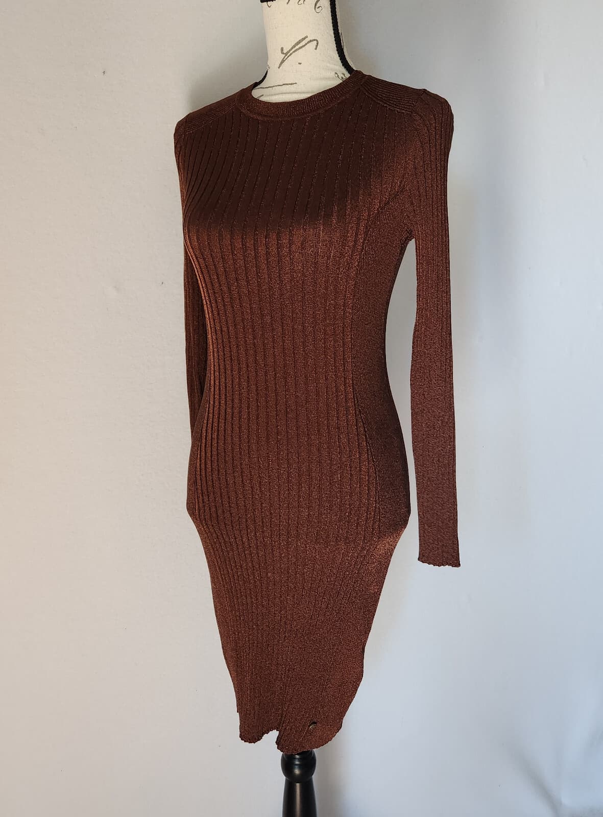 Ted Baker London Nichola Bodycon Ripped Knit Mini Dress Metallic Brown Women's 2