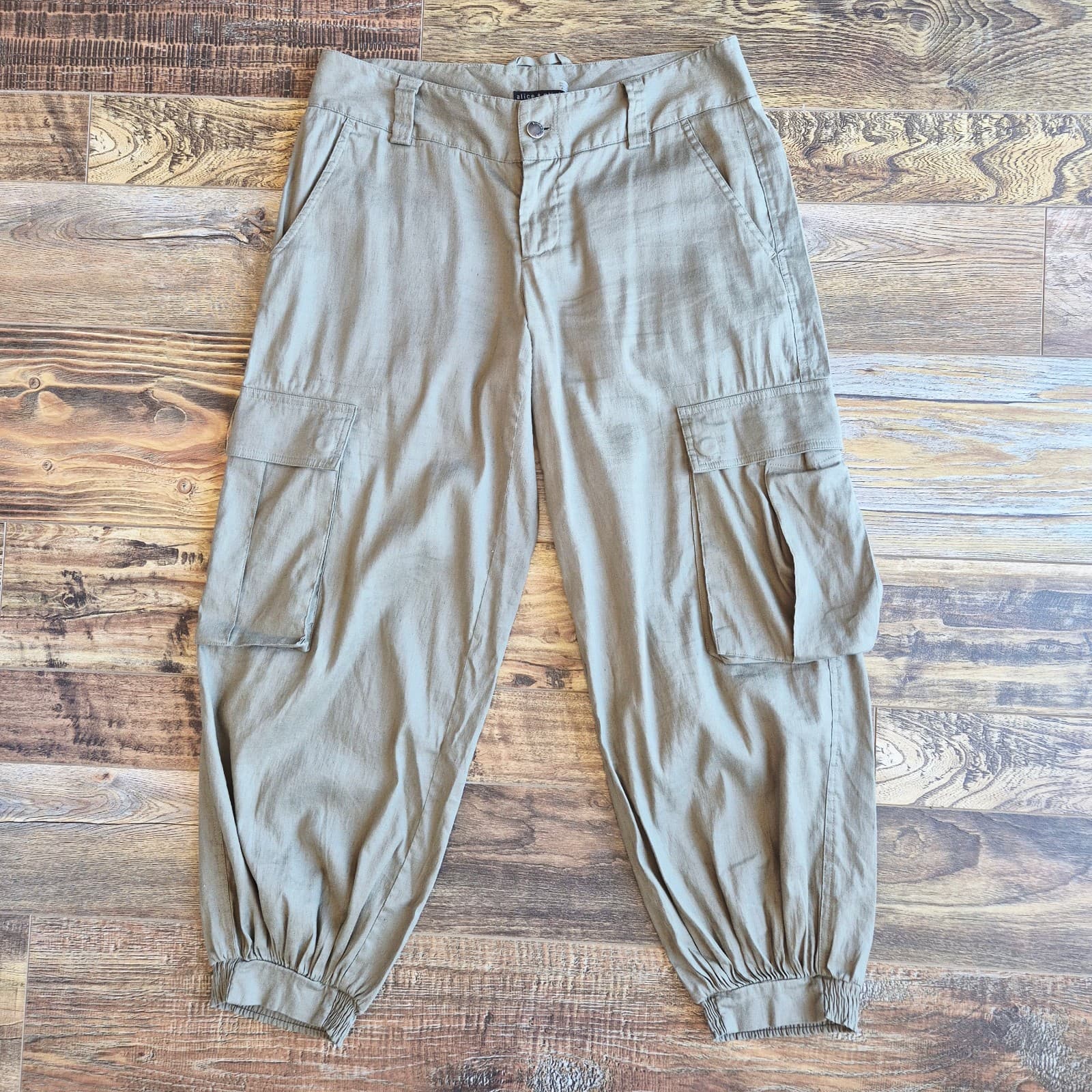 Alice & Olivia Base Linen Blend Cargo Tapered Cropped Pants Relaxed Green Sz.8