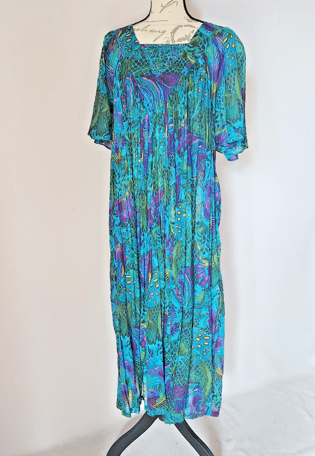 Vintage Patchauli Tropical Fish Indian Cotton Gauze Maxi House Dress Pocket Sz.M