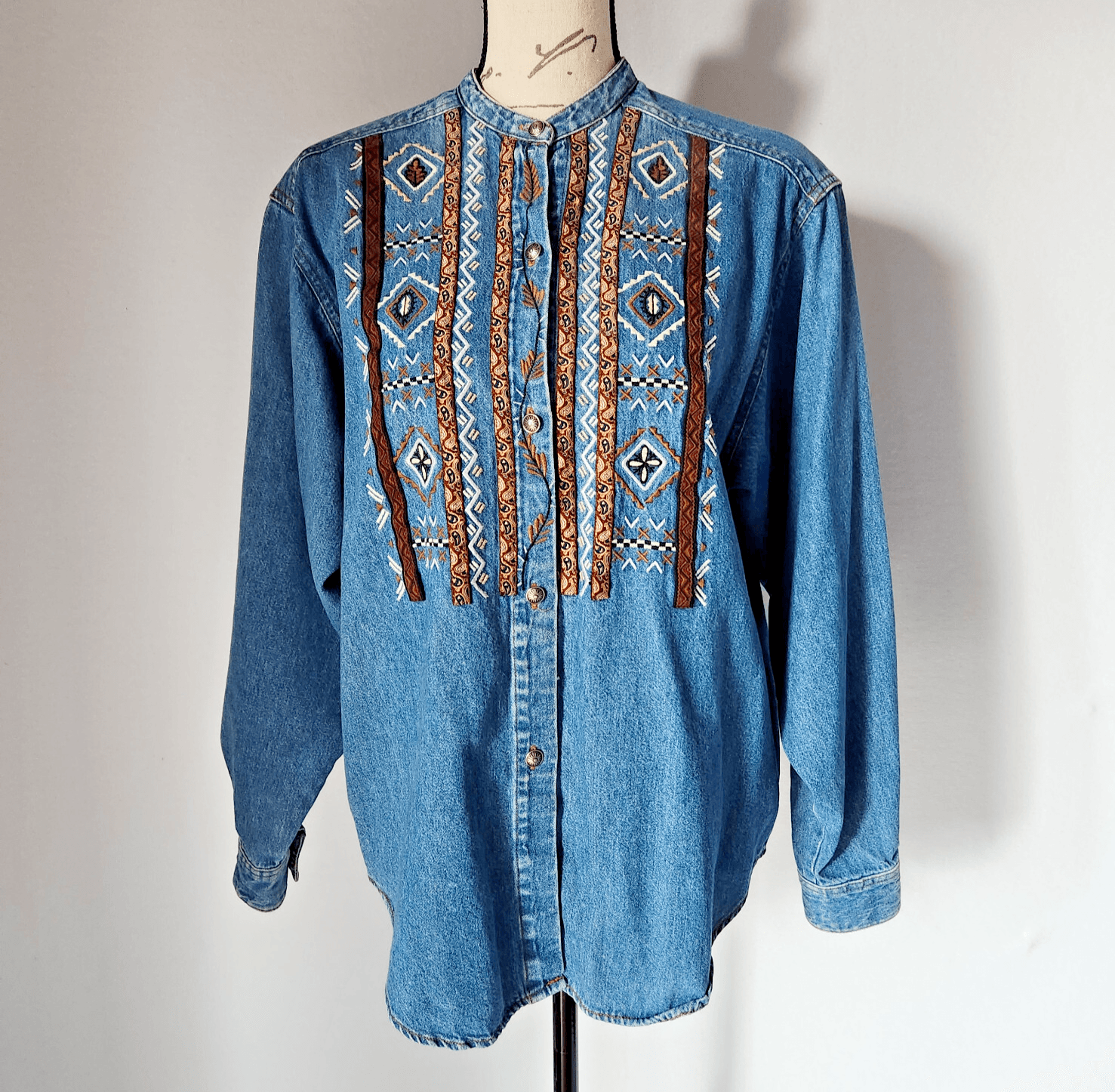 Vintage Panhandle Slim Western Wear Embroidered Denim Shirt Button Blue Women M
