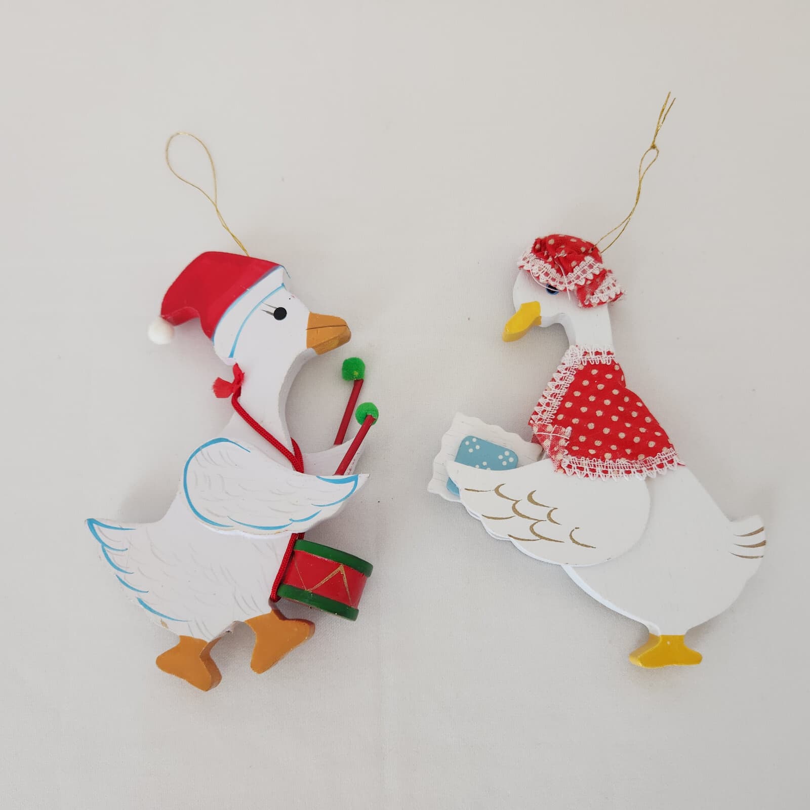 Vintage 2 Piece Flat Wooden Hand Painted Double Side Ducks Christmas Ornaments