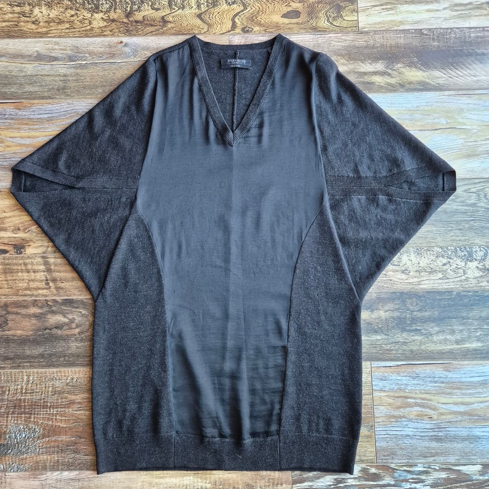 All Saints Elwar Panel Merino Wool Mini Jumper Sweater Dress V-Neck Black Sz.L