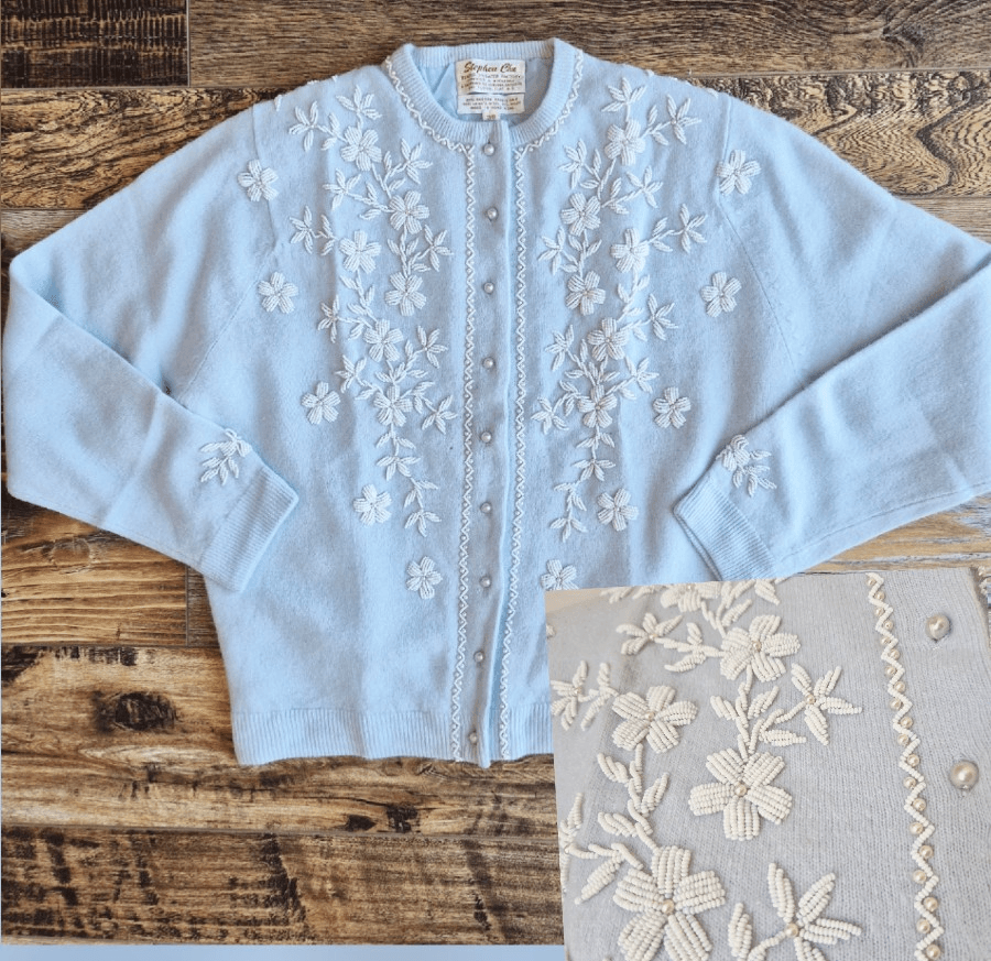 Vintage Stephen Chu Beaded Pearl Rabbit Hair Lamswool Cardigan Lined Blue Sz.38