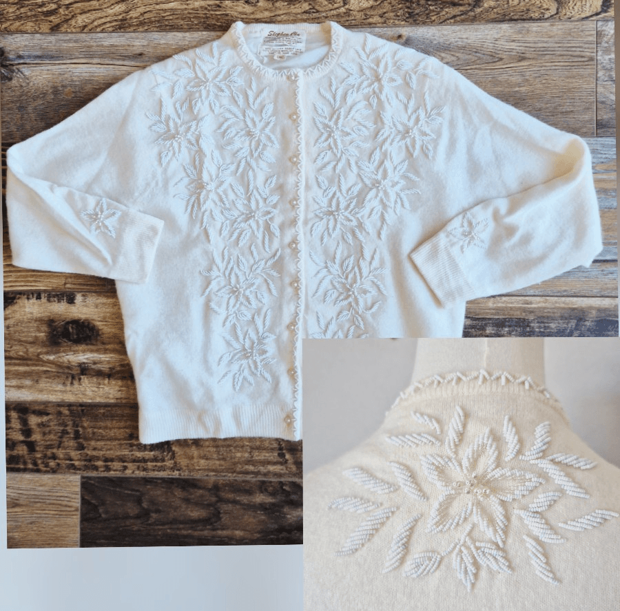 Vintage Stephen Chu Beaded Pearl Rabbit Hair Lamswool Cardigan Lined Iovry Sz.38