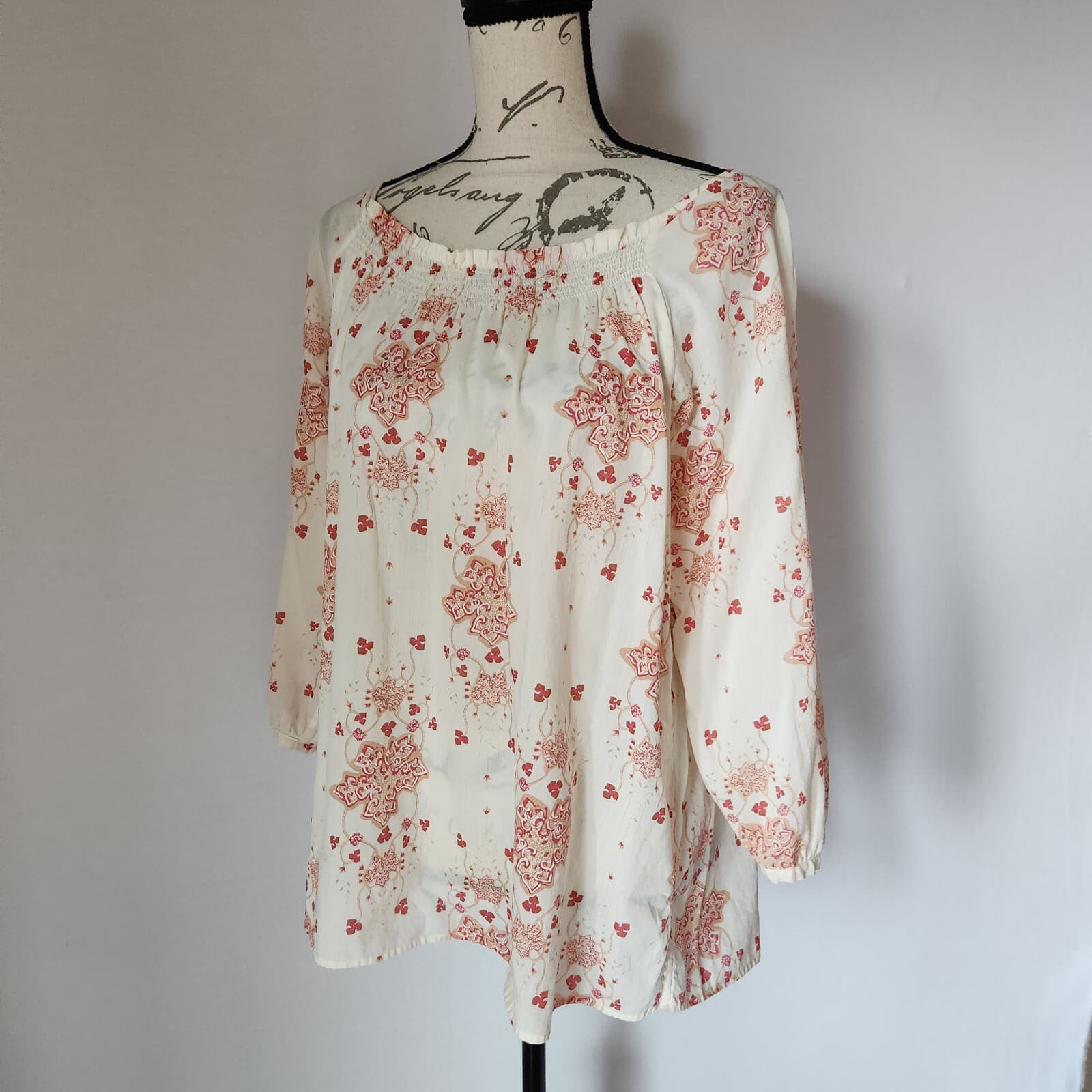 Patagonia Organic Cotton Peasant Floral Top Smock Neck 3/4 Sleeve Ivory Women L