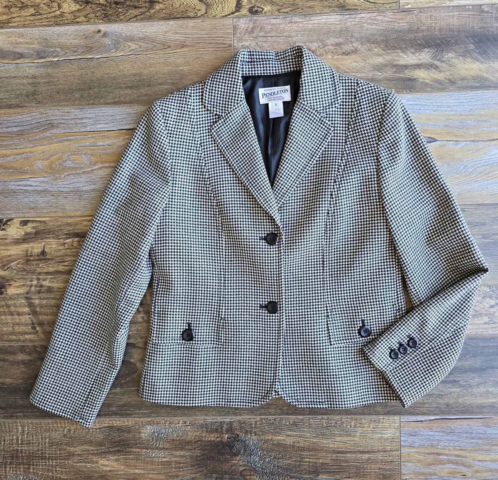 Vintage Pendleton 100% Wool Houndstooth Blazer 2-Button Black White Women's 4