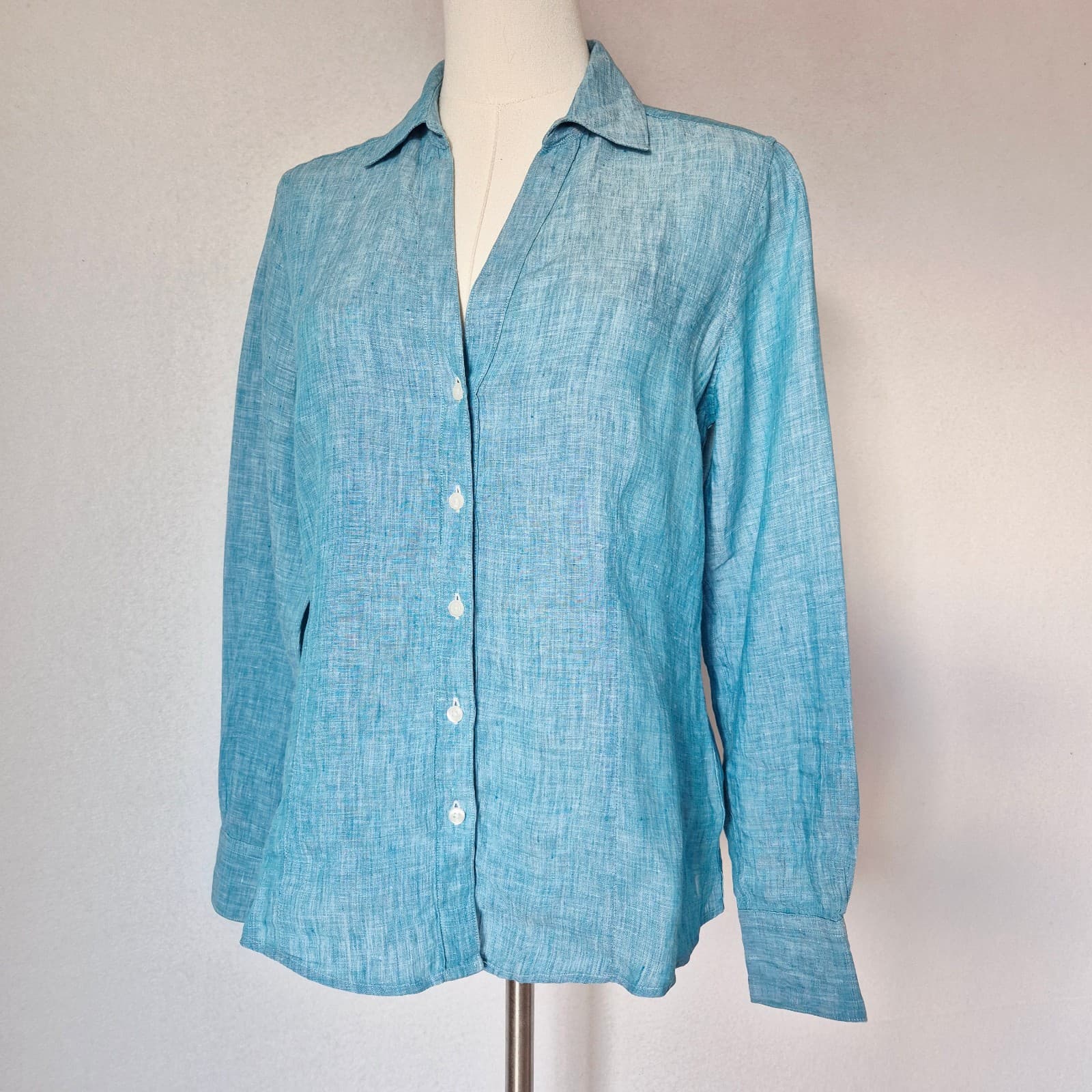 346 Brooks Brothers 100% Linen Button-Up Shirt Long Sleeve Blue Women's 8P