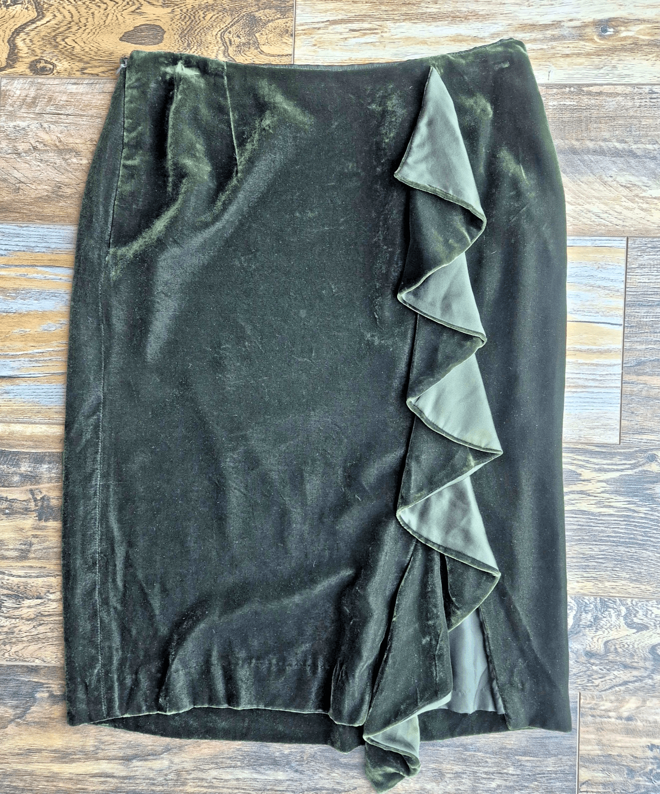Vintage Ralph Lauren Black Label Silk Blend Velvet Ruffle Pencil Skirt Green 6