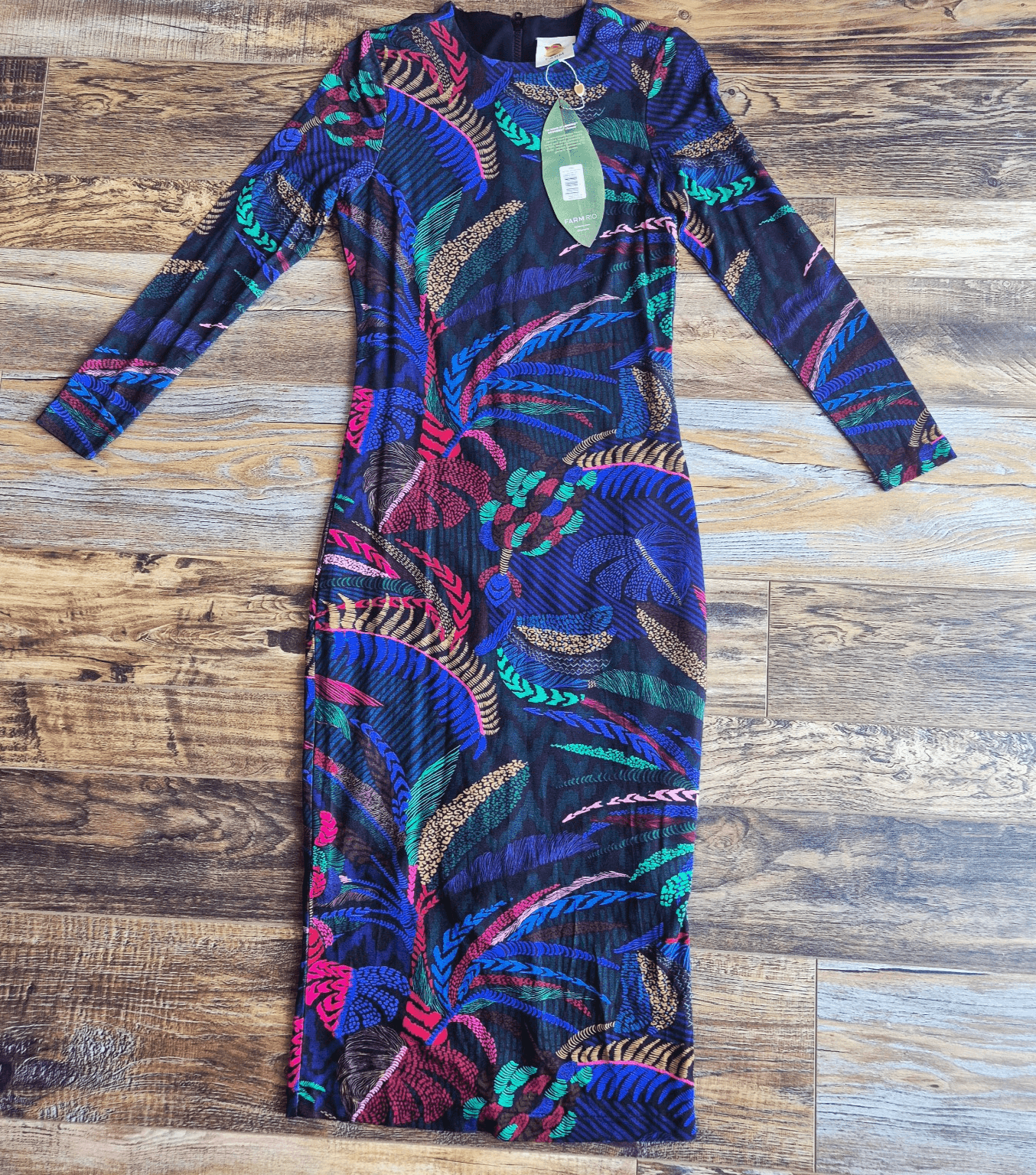 NWT Farm Rio Amazonia Night Long Sleeve Midi Bodycon Dress Stretch Knit Womens S