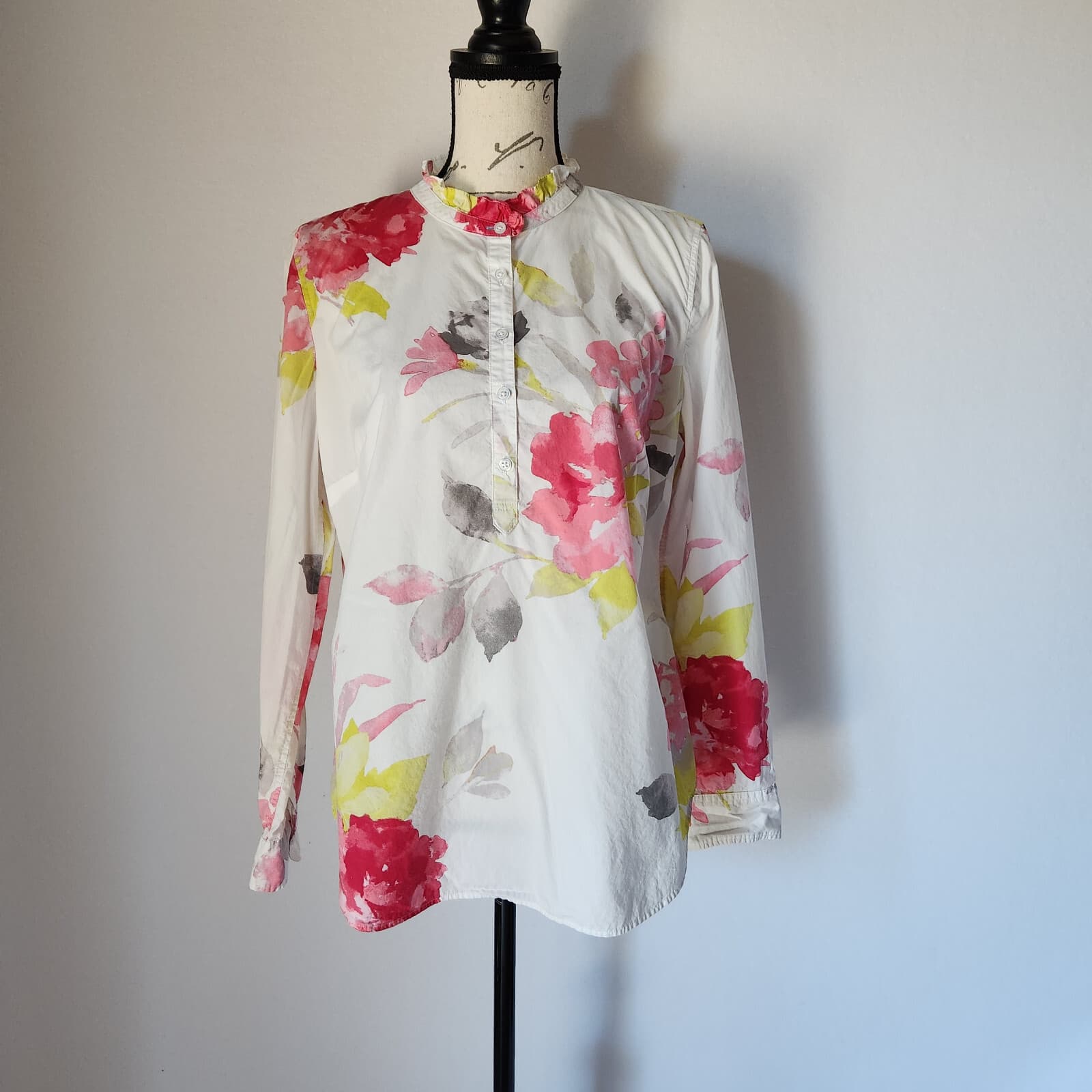 Talbots Watercolor Floral Ruffle Neck Popover Top Long Sleeve Multicolor Women M