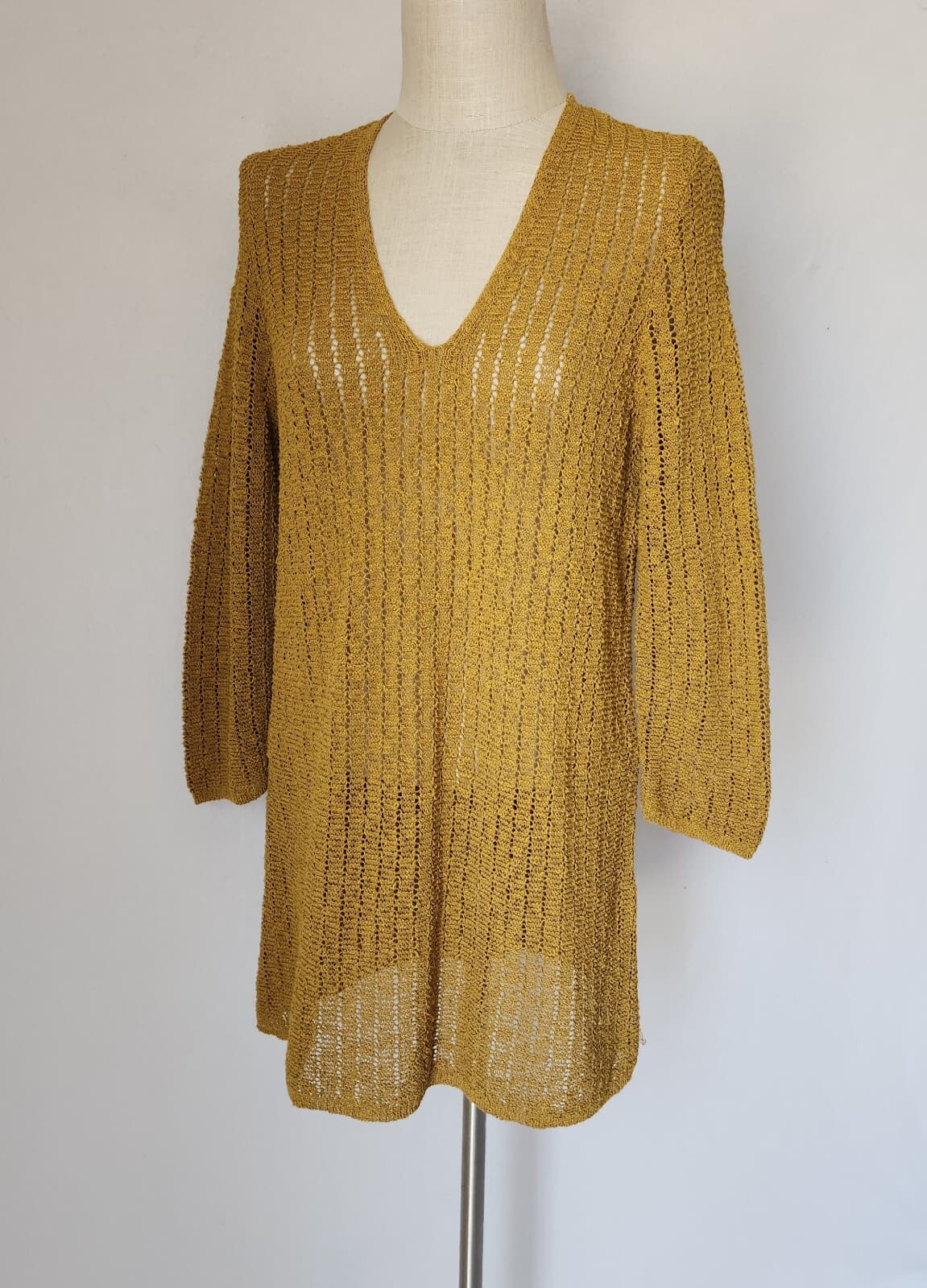 NWT J. Jill $89 Gilded Coin Open Stitch Knit V-Neck Sweater Top Mustard Womens M