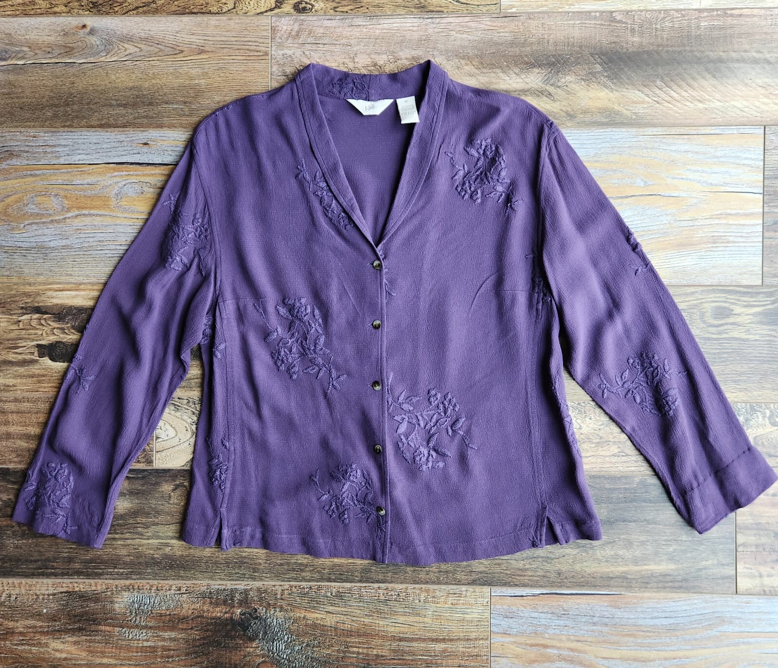 Vintage J.Jill Embroidered Rayon Top Button-Down Long Sleeve Purple Sz.M