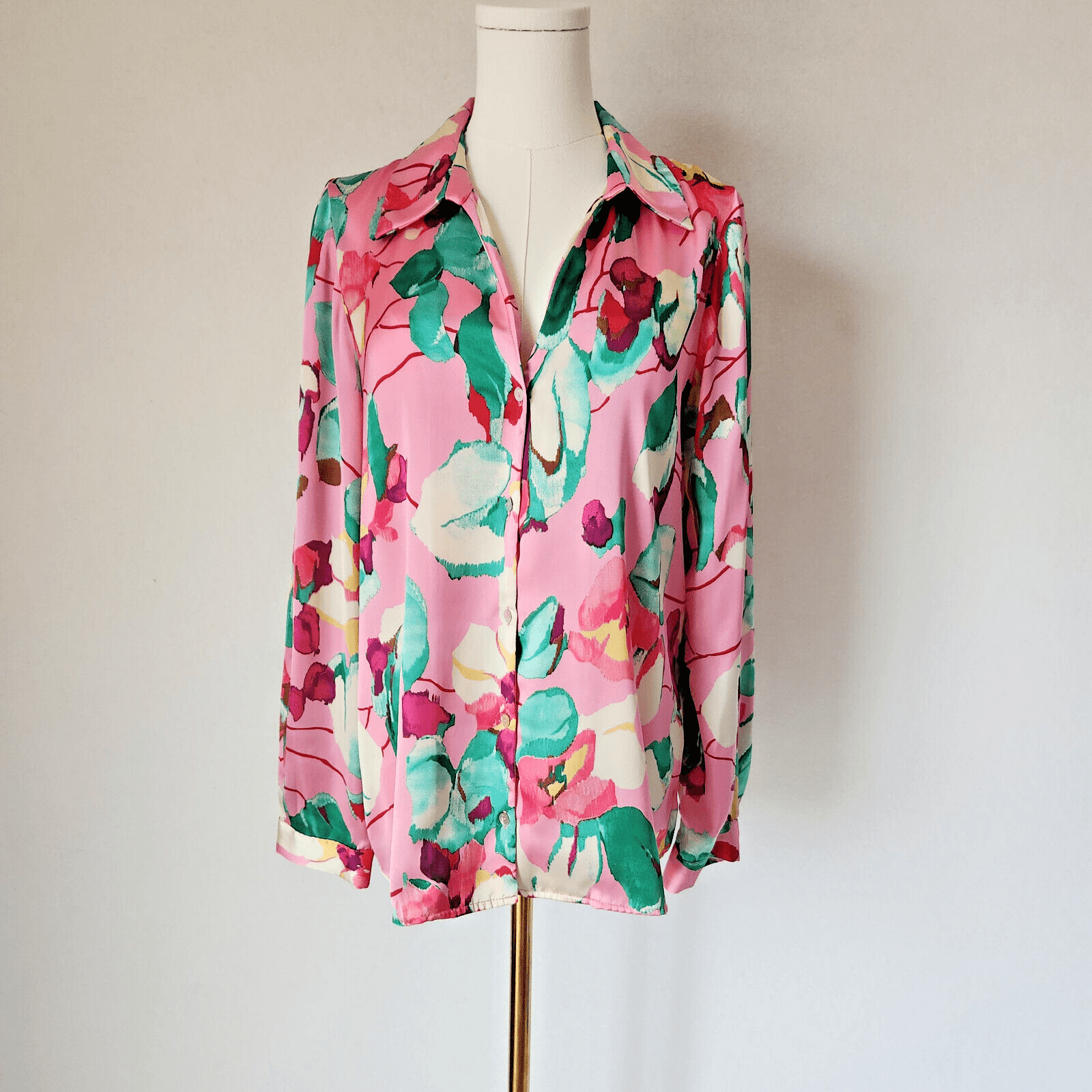 ZARA Satin Floral Printed Button-Down Shirt Long Sleeve Multicolor Oversize S