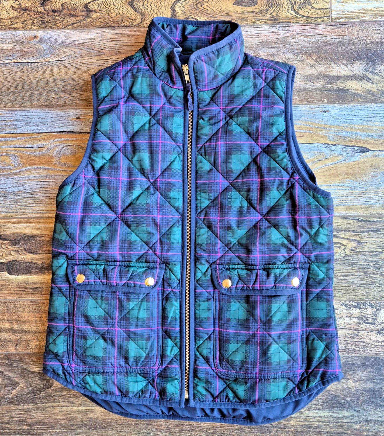 J.Crew Plaid Quilted Vest Zip-Up Pocket High Neck Green Pink Blue Women S #AG538