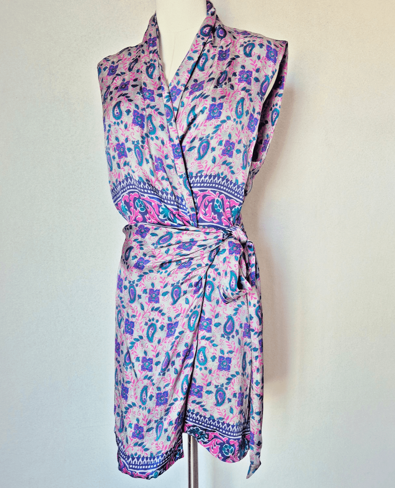 ZARA Paisley Satin Shawl Collar Mini Wrap Dress Side-Tie Sleeveless Purple Sz.S