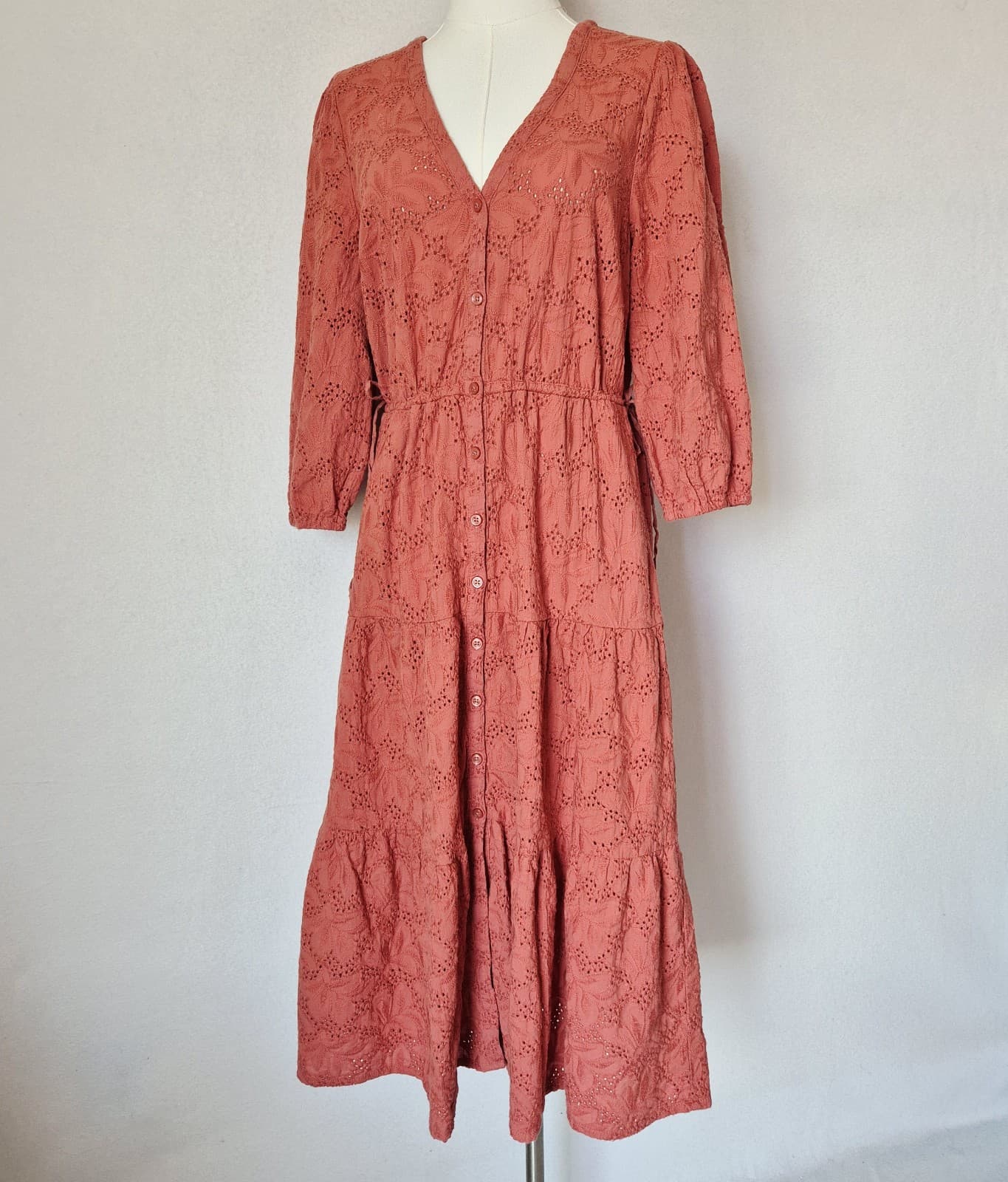 Marine Layer Willow Eyelet Embroidered Tiered Button-Up Midi Dress Coral Sz.S