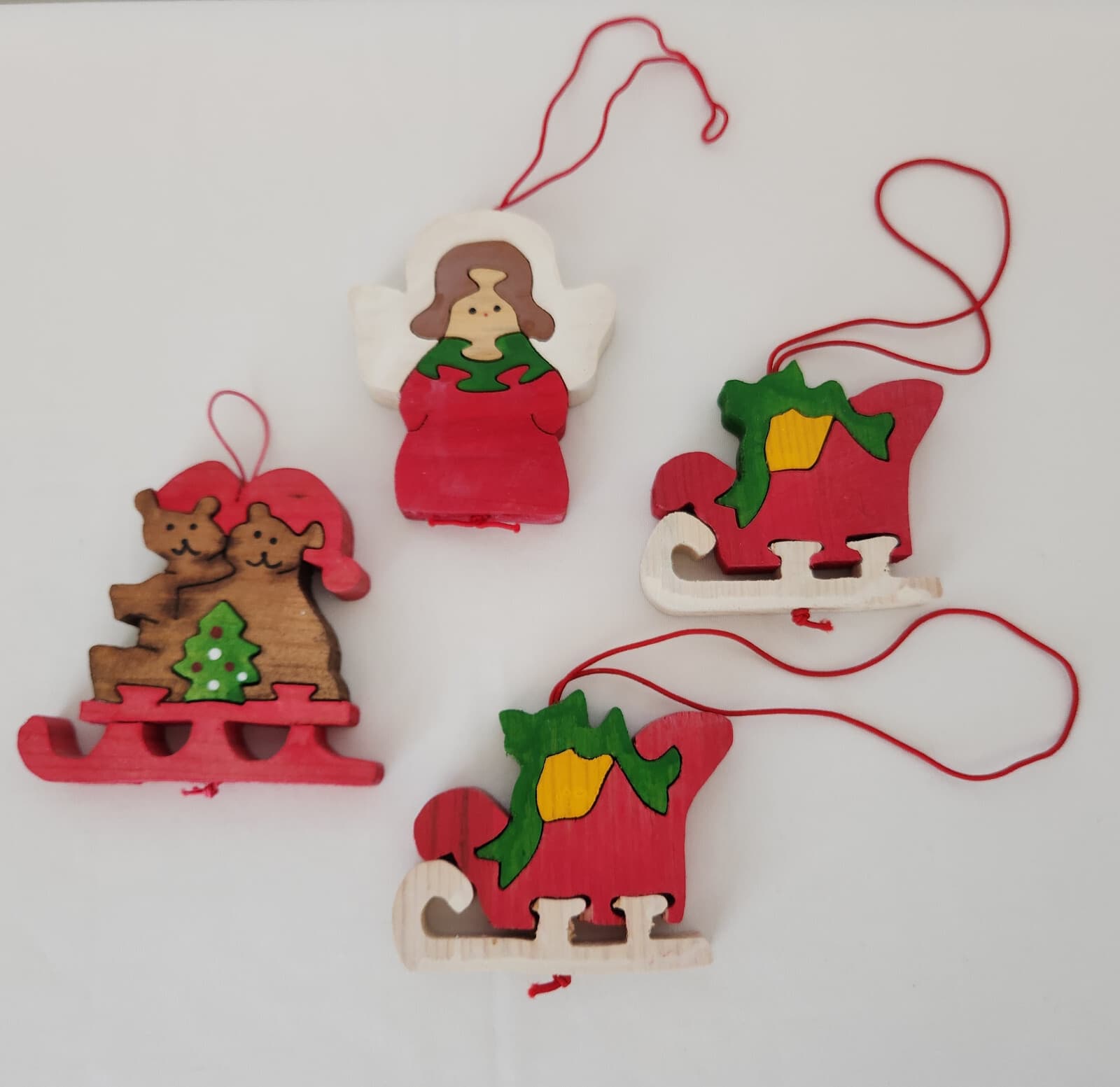 Vintage 4 Piece Flat Wooden Puzzle Hand Painted Double Side Christmas Ornaments