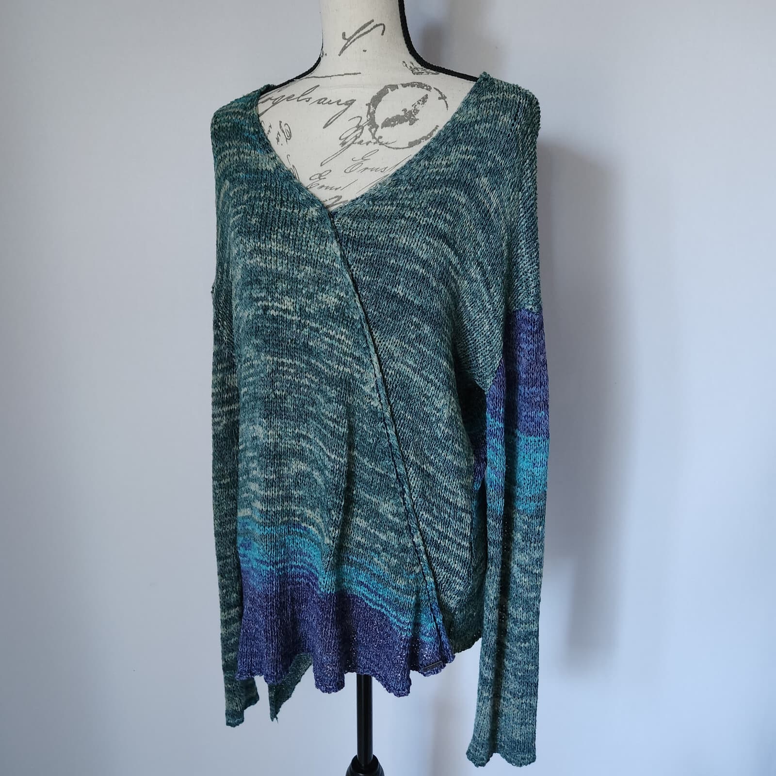 PrAna Asymmetrical Vignette Yoga Sweater Hi-Low V-Neck Green Blue Women Sz.L