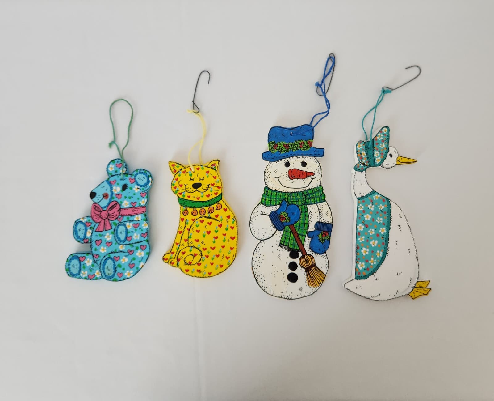 Vintage'1978 C.Kennedy Bubany 4 Pc. Flat Wooden Hand Painted Christmas Ornaments
