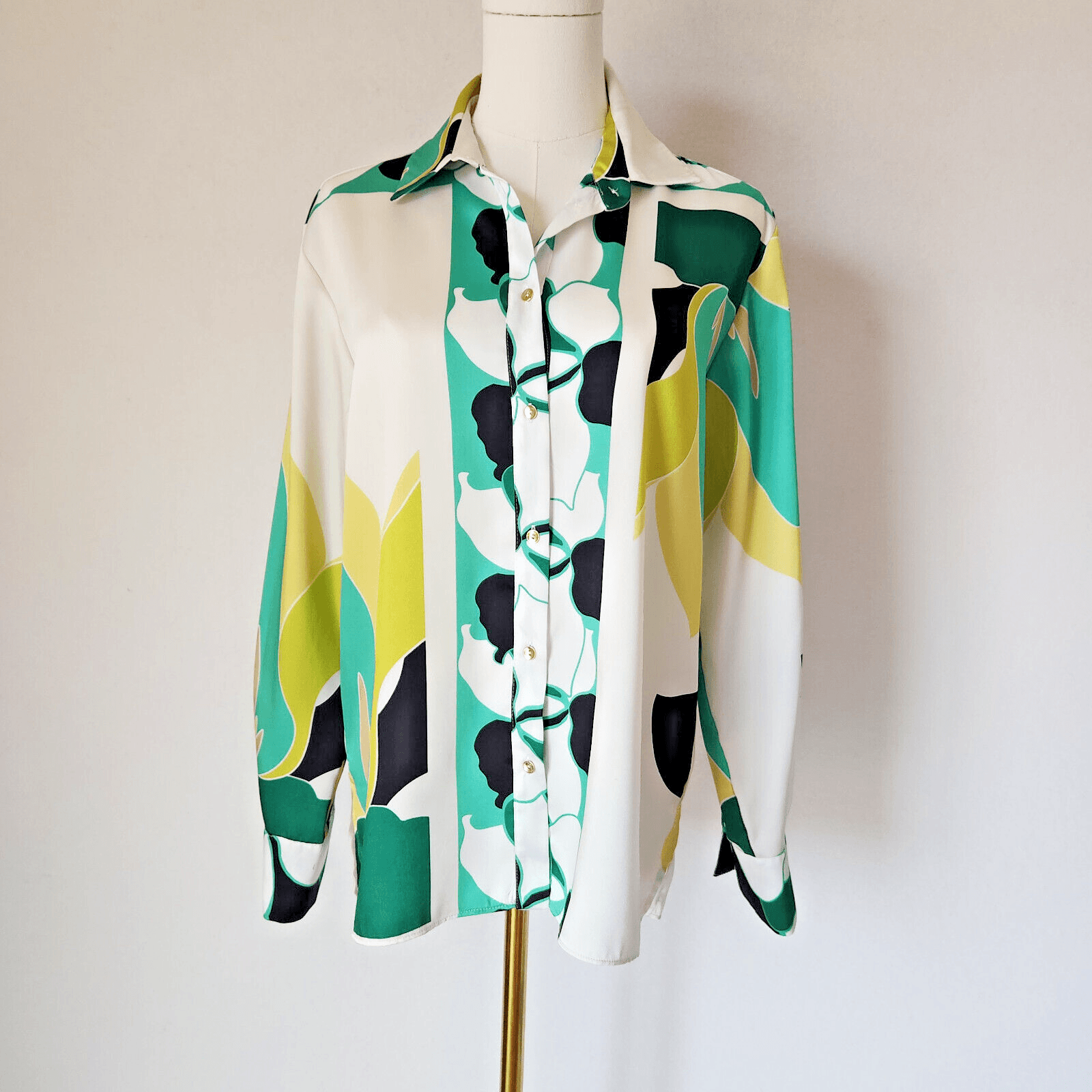 ZARA Satin Geometric Printed Button-Down Shirt Long Sleeve Multicolor Oversize S