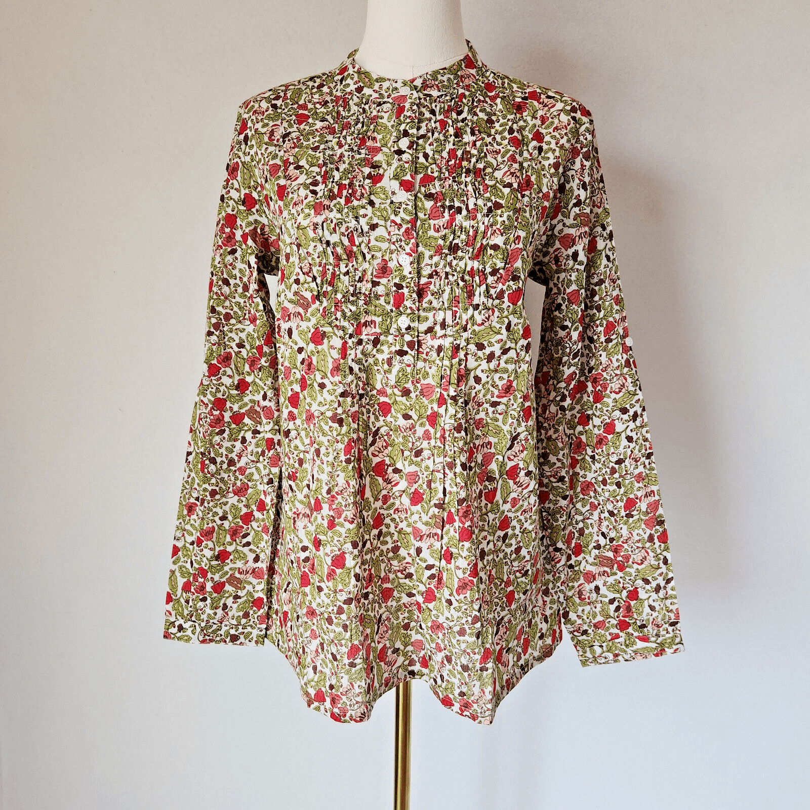 NWT Chaudry KC Floral Pintuck Popover Blouse Long Sleeve Cotton Multicolor Sz.M