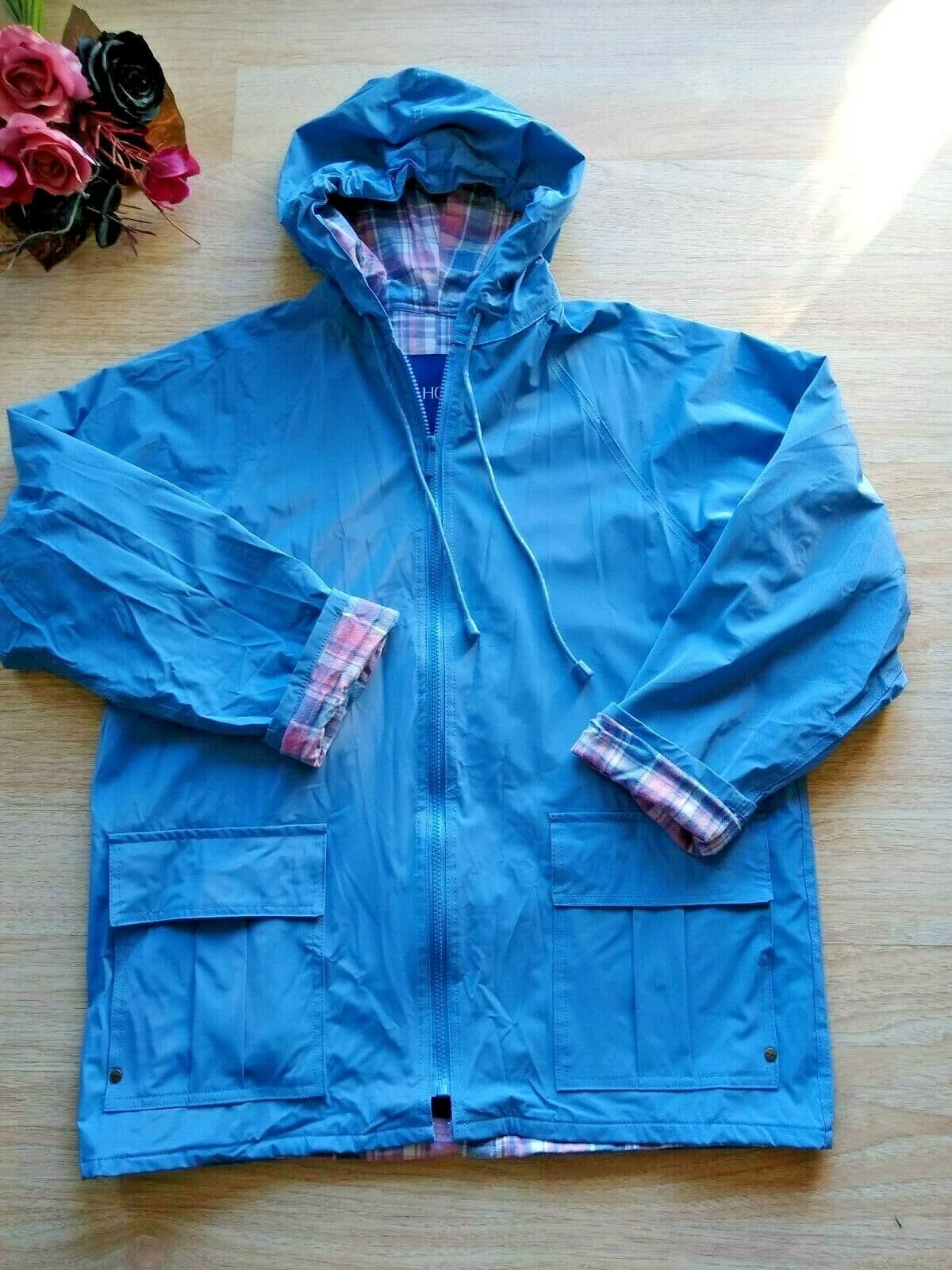 JG HOOK PVC Rain Coat Jacket Hood Cotton-Lined Zip Pockets Blue Sz.S