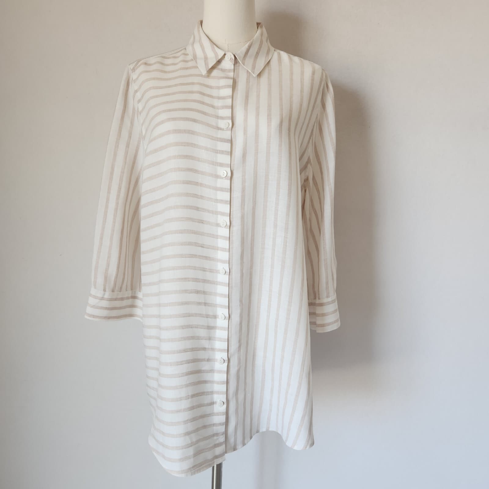 Chico's No Iron Linen Stripe Tunic Shirt Button-Up 3/4 Sleeve White Beige Sz.2-L
