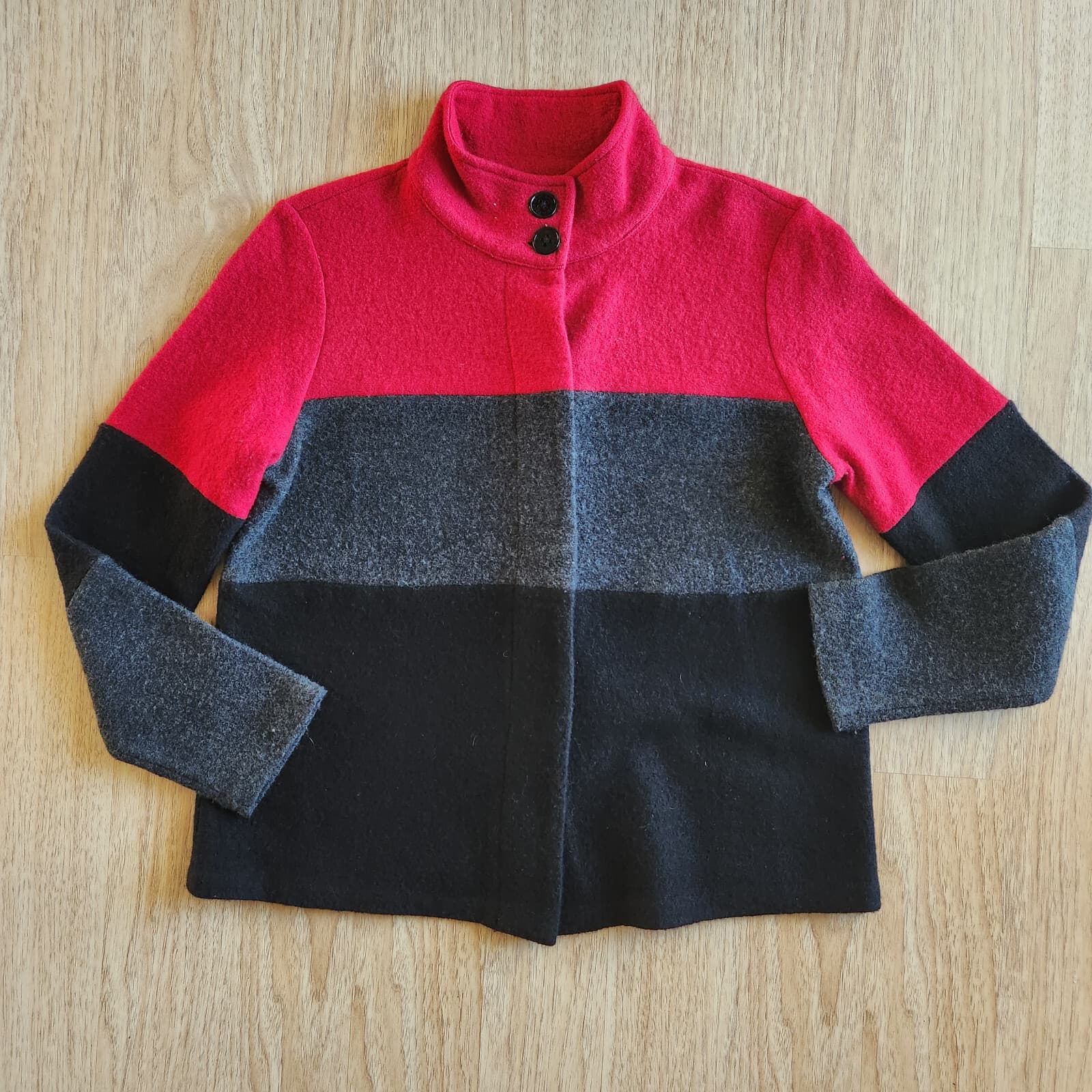 Karl Lagerfeld Jacket Snap Color Block Boiled Wool Blend Black Red Women's M