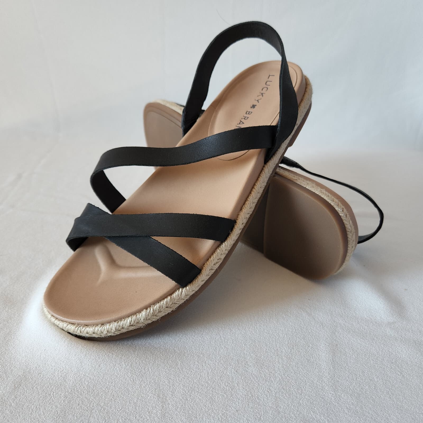 NWoB Lucky Brand Daedil Espadrille Leather Sandals Diagonal Strap Black US8.5M