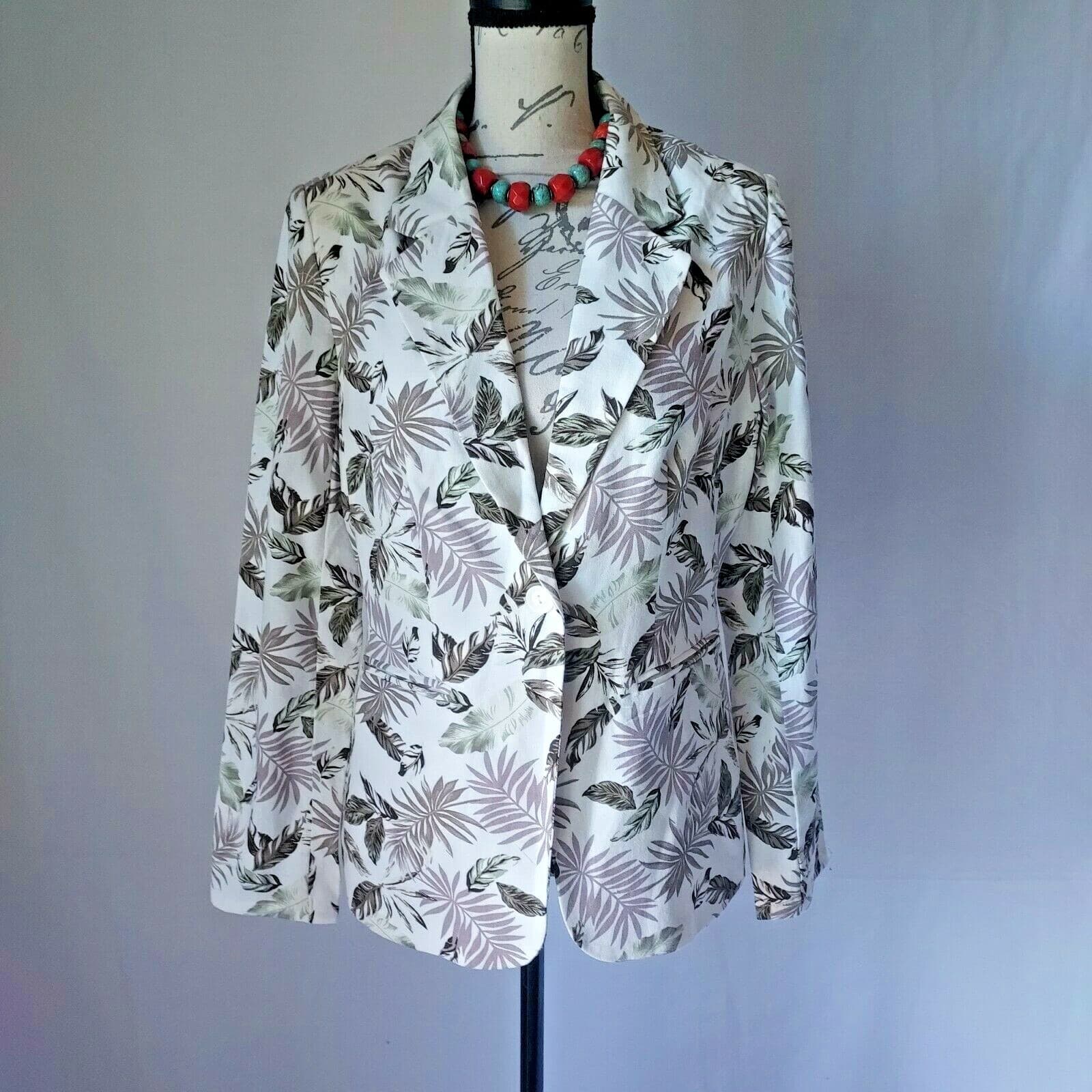 NWT SOLITAIRE Linen Blend Tropical Leaves Blazer One-Button Multicolor Women L
