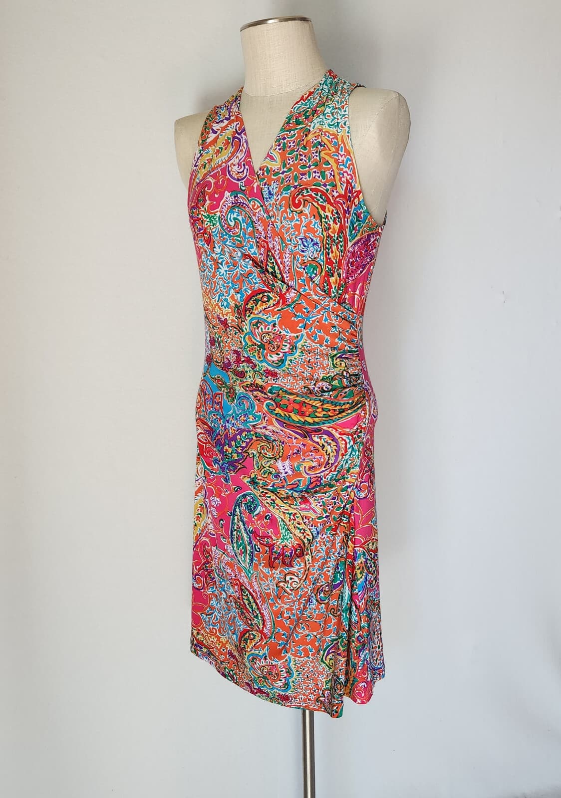 Lauren Ralph Lauren Paisley Ruched Surplice Dress Sleeveless Multicolor Sz.M