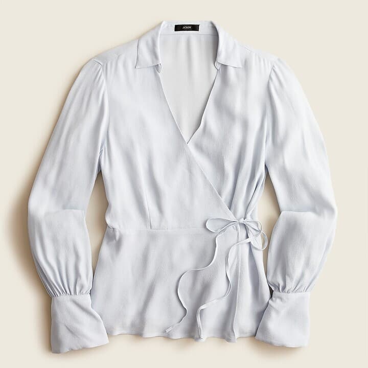 NWT J.Crew Drapey Crepe Wrap Top Long Sleeve Chiffon Viscose Pale Blue Women 12