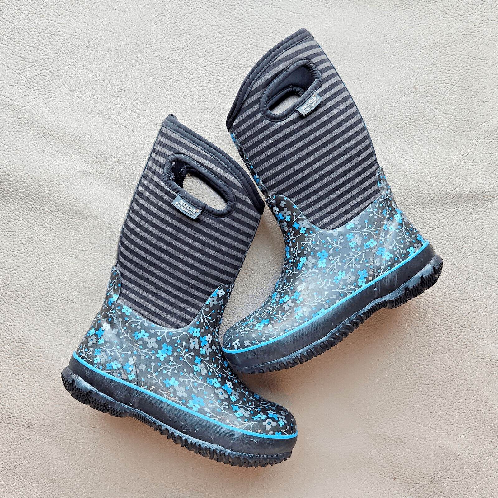 Bogs Classic High Flower Stripe Waterproof Winter Rain Boot Black Blue Youth US4